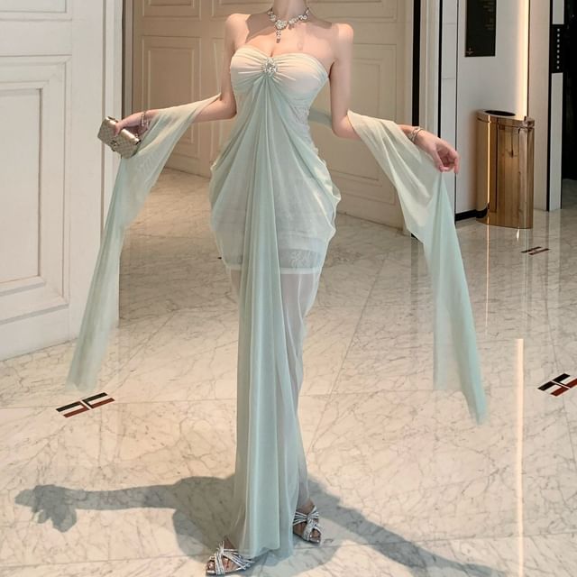 NENE-Strapless Sheer Plain Maxi Bodycon Dress