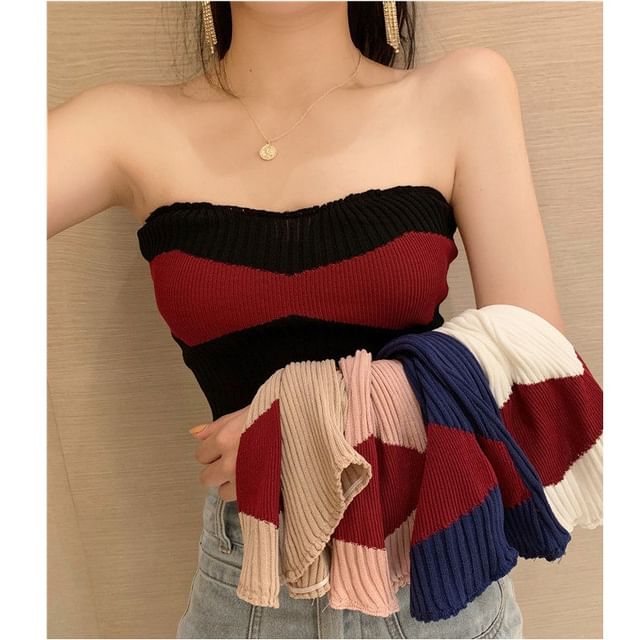 NENE-Strapless Two Tone Ribbed Knit Tube Top