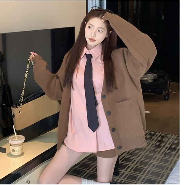 NENE-V-Neck Plain Button Up Cardigan Long-Sleeve Collared Plain Neck Tie Shirt Mid Rise Plain Shorts