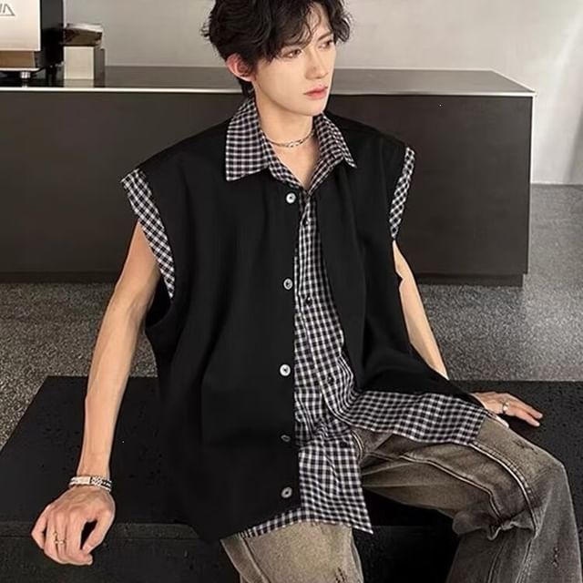 Neonity Wear-Collared Plaid Mock Two Piece Button Vest