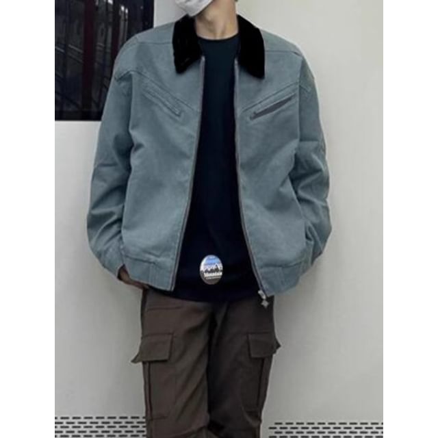 Neonity Wear-Contrast Collar Zip-Up Barn Jacket
