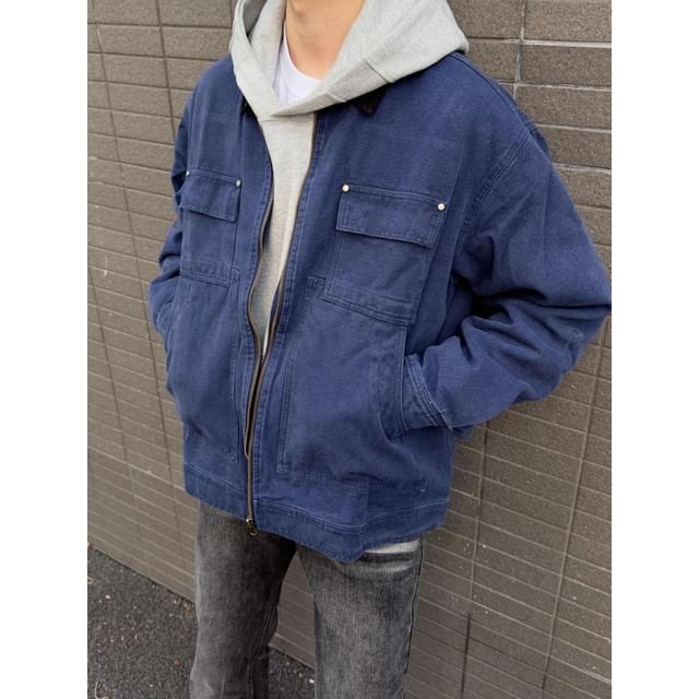 Neonity Wear-Contrast Corduroy Collar Zip Barn Jacket