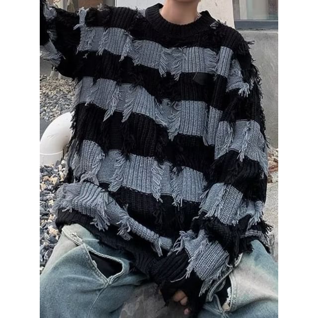 Neonity Wear-Crew Neck Striped Distressed Sweater