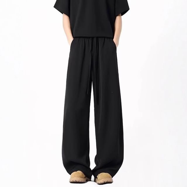 Neonity Wear-Drawstring Waist Plain Baggy Pants
