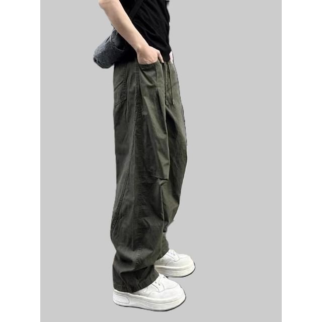 Neonity Wear-Drawstring Waist Plain Baggy Pants