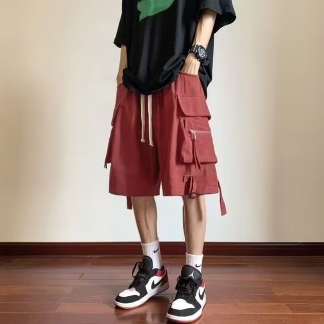 Neonity Wear-Drawstring Waist Plain Cargo Shorts