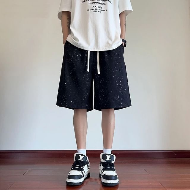 Neonity Wear-Drawstring Waist Plain Glitter Shorts