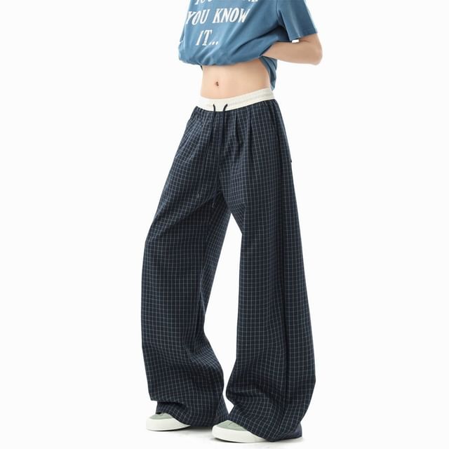 Neonity Wear-Drawstring Waist Windowpane Baggy Pants