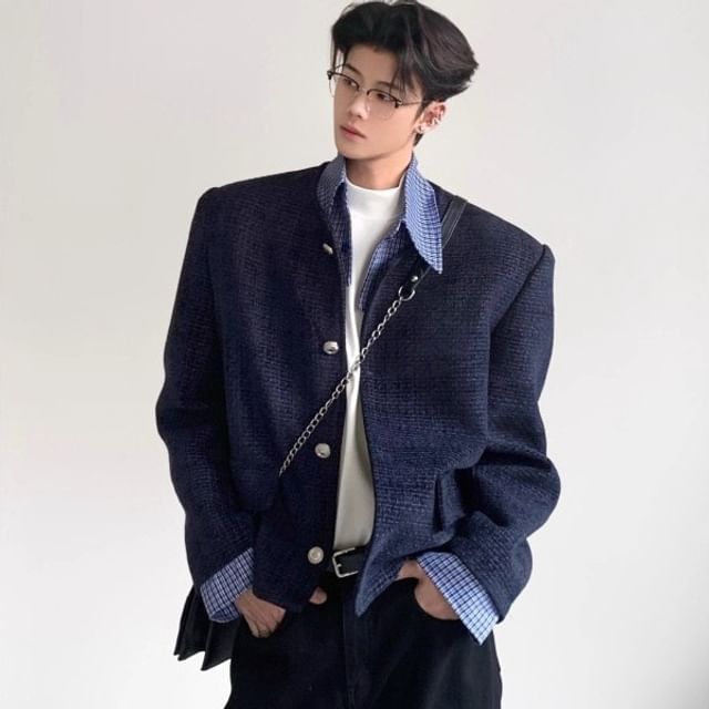 Neonity Wear-Mock Two-Piece Plaid Collar Button-Up Jacket
