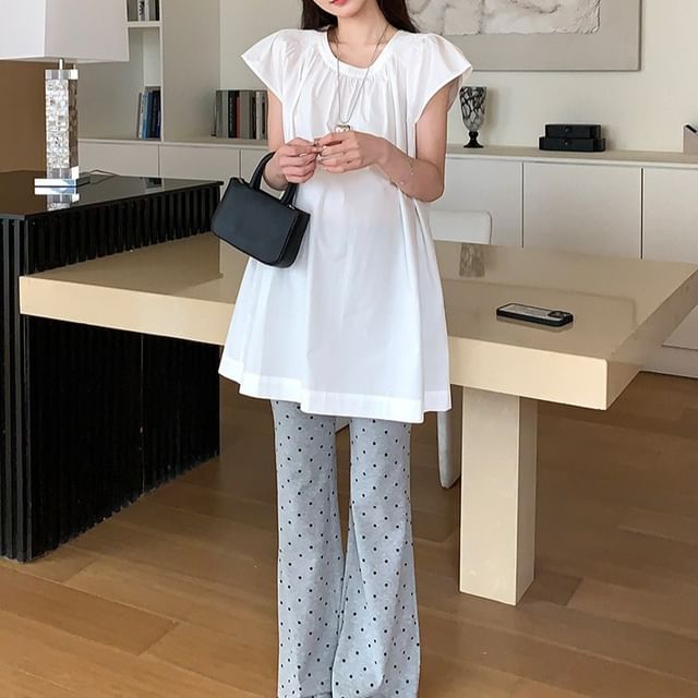 NEUF-Maternity Cap Sleeve Round Neck Plain Tunic Dotted Flared Pants