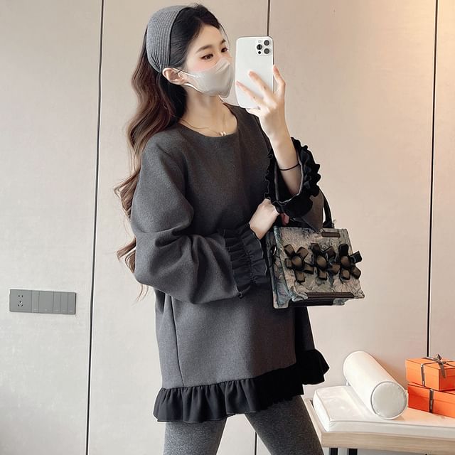 NEUF-Maternity Crew Neck Contrast Ruffle Trim Sweatshirt