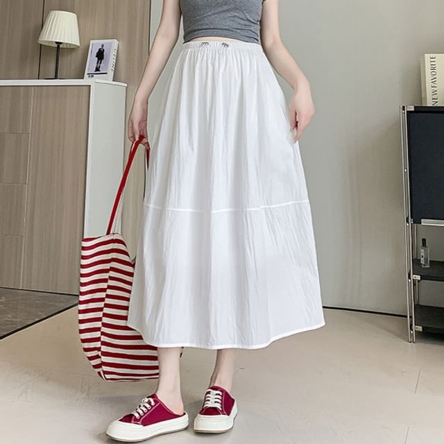 NEUF-Maternity Drawstring Waist Plain Midi A-Line Skirt