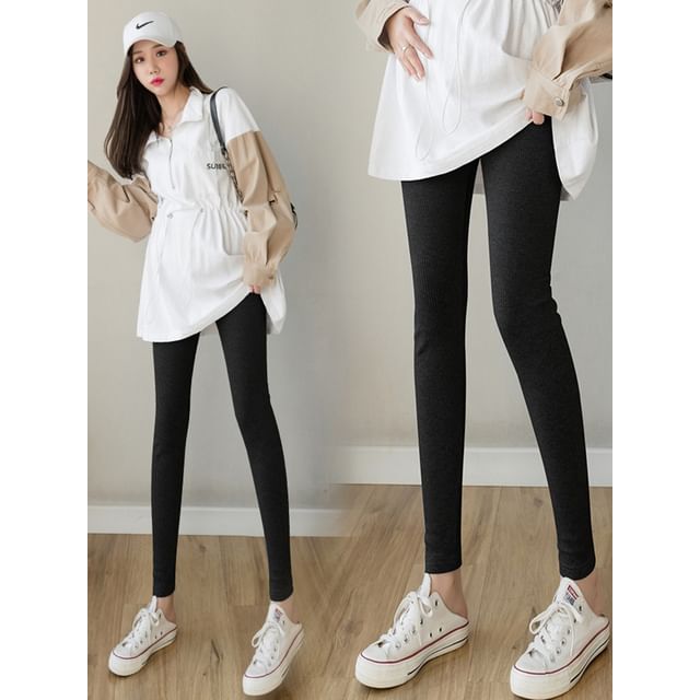 NEUF-Maternity Drawstring Waist Plain Ribbed Skinny Pants