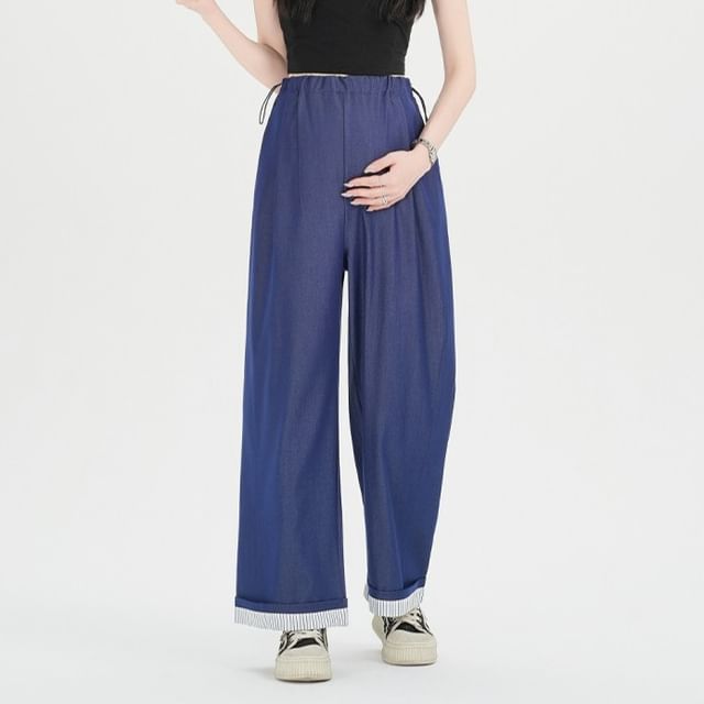 NEUF-Maternity Drawstring Waist Striped Cuffed Wide Leg Pants