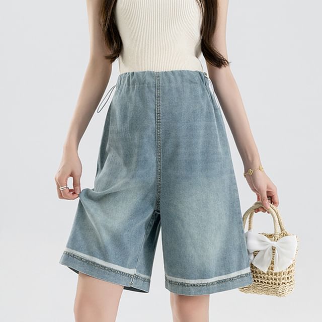 NEUF-Maternity Drawstring Waist Striped Washed Denim Shorts