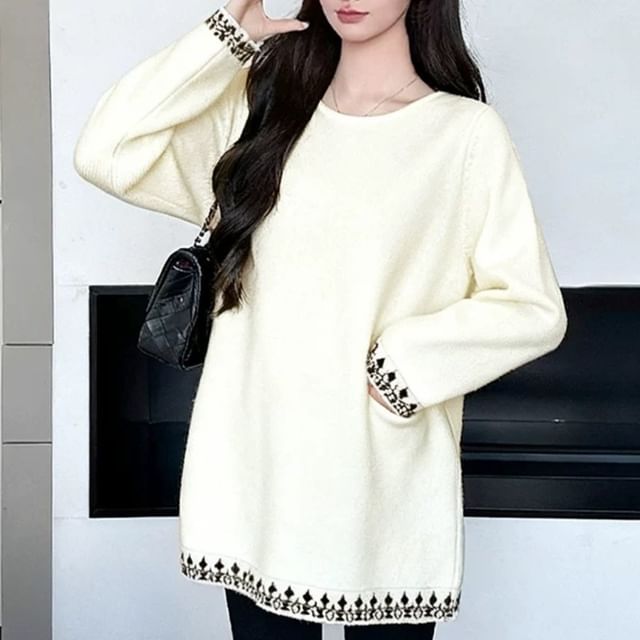 NEUF-Maternity Long-Sleeve Contrast Stitching Knit Top
