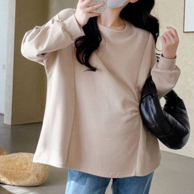 NEUF-Maternity Long Sleeve Round Neck Plain Drawstring Top