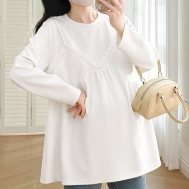 NEUF-Maternity Long Sleeve Round Neck Plain Mock Two Piece Top