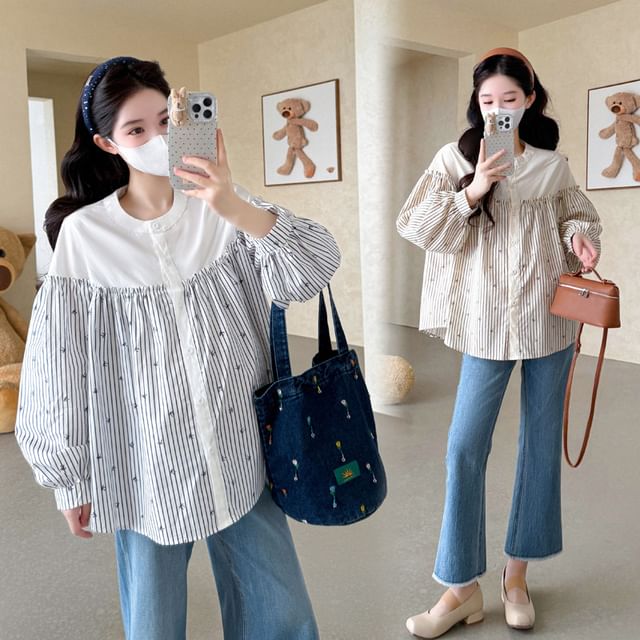 NEUF-Maternity Long-Sleeve Round Neck Striped Button Up Blouse