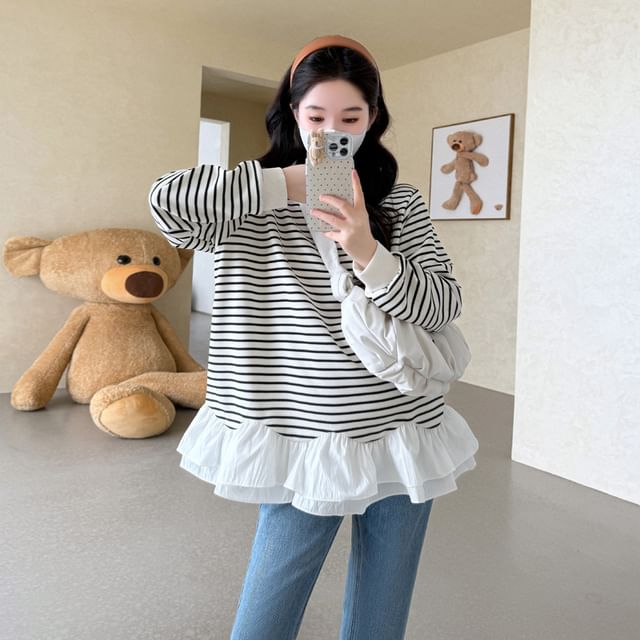 NEUF-Maternity Long-Sleeve Round Neck Striped Ruffle Trim Pullover