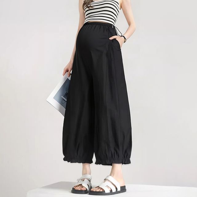 NEUF-Maternity Plain Ruffle Trim Crop Wide Leg Pants
