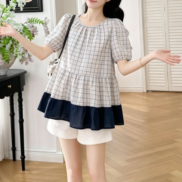 NEUF-Maternity Puff-Sleeve Crew Neck Plaid Panel Blouse