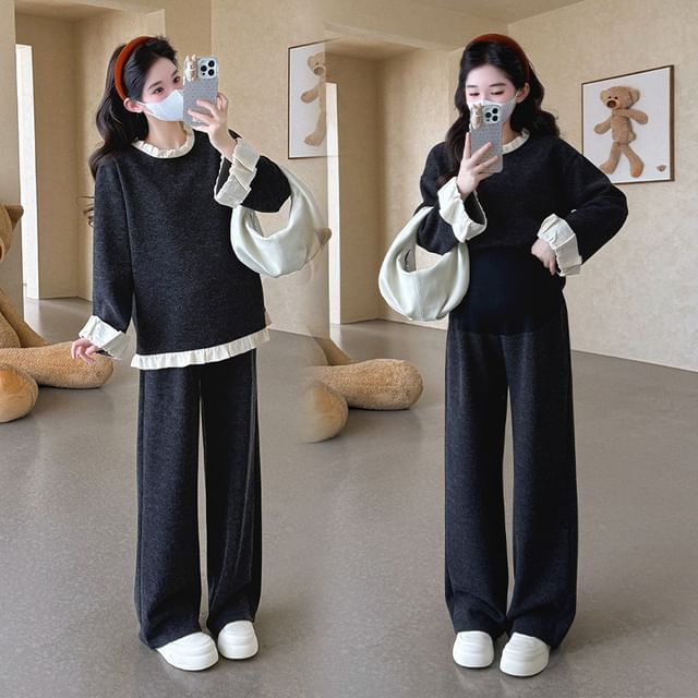 NEUF-Maternity Set Long-Sleeve Round Neck Ruffle Trim Pullover Wide Leg Pants