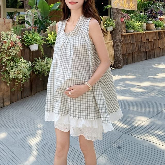 NEUF-Maternity Sleeveless Square Neck Plaid Frill Trim Tunic Drawstring Waist Eyelet Lace Wide Leg Shorts