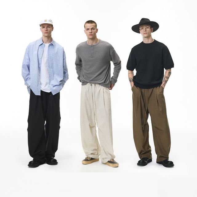 Newin-Drawstring Waist Plain Straight Leg Pants