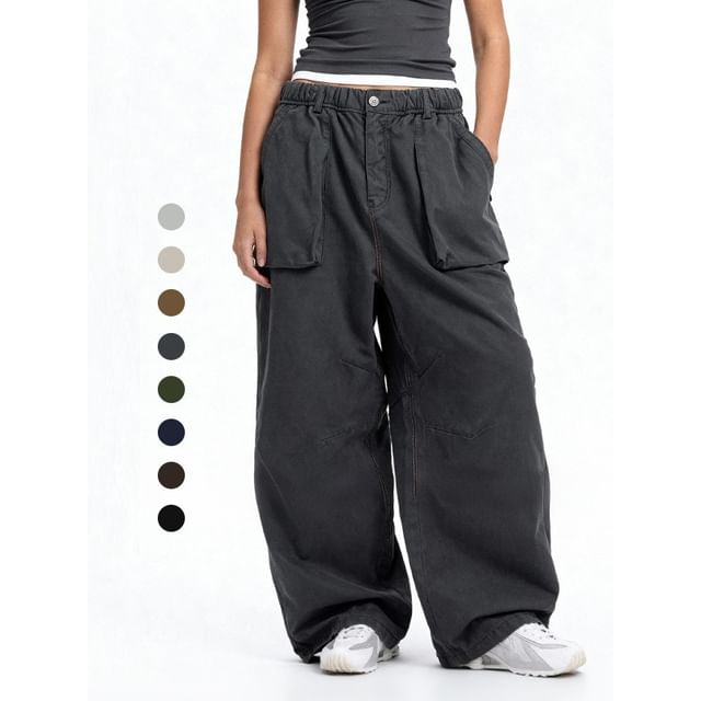 Newin-High Waist Plain Wide Leg Cargo Pants