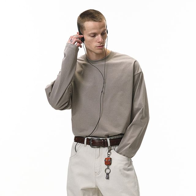 Newin-Long Sleeve Crew Neck Plain T-Shirt
