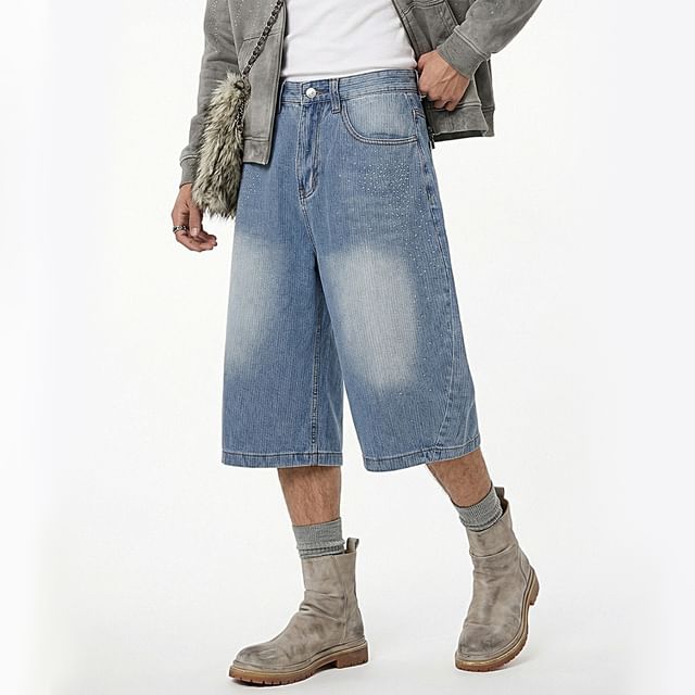 Newin-Washed Denim Jorts with Rhinestone