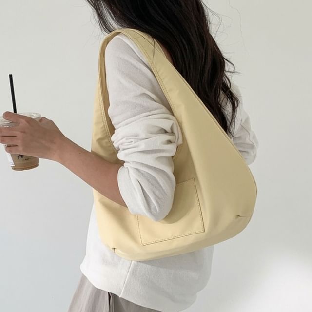 NewTown-Plain Patch Pocket Tie Up Fabric Hobo Shoulder Bag