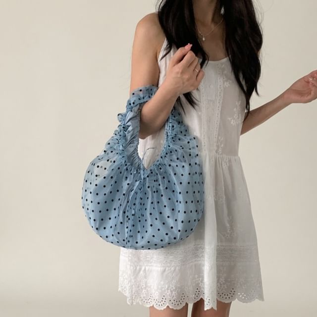NewTown-Set Polka Dot Bow Mesh Shoulder Bag Plain Inner Bag