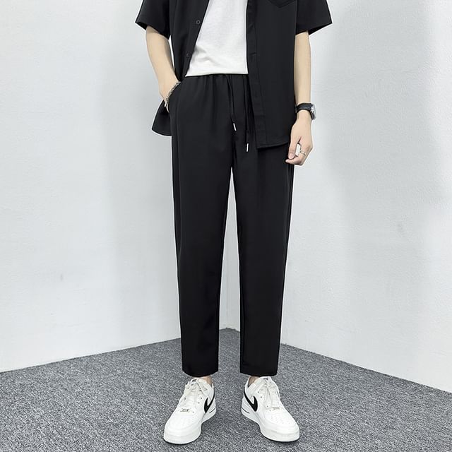 Nightbell-Drawstring Waist Plain Tapered Dress Pants