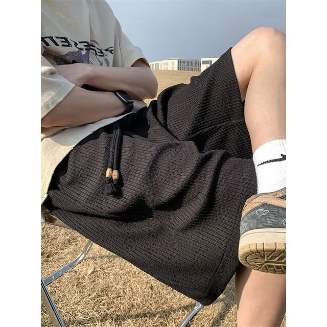 Nightbell-Drawstring Waist Plain Textured Shorts