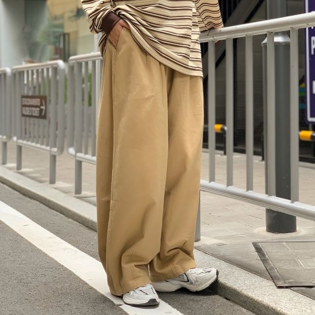 Nightbell-Drawstring Waist Plain Wide Leg Pants
