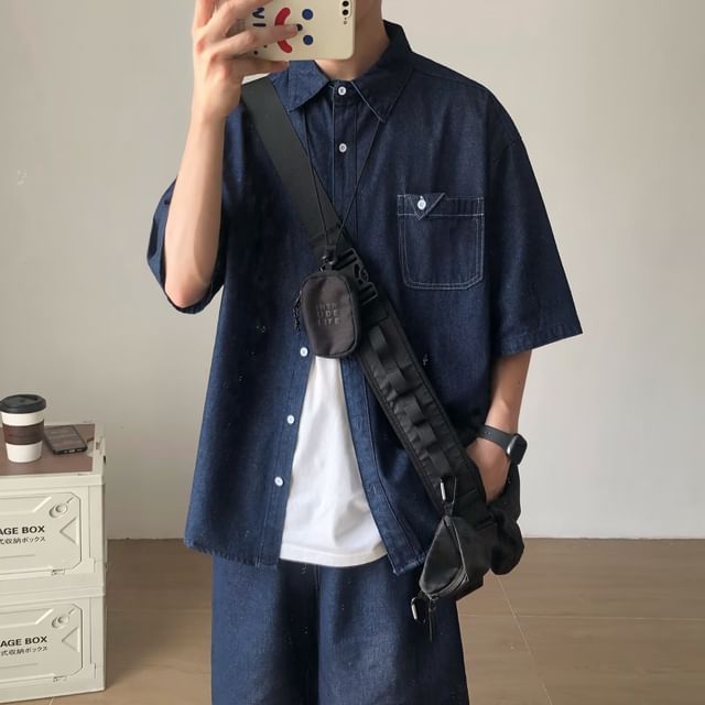 Nightbell-Elbow-Sleeve Button-Up Denim Shirt