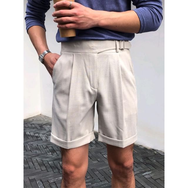 Nightbell-High Waist Plain Roll Up Hem Shorts