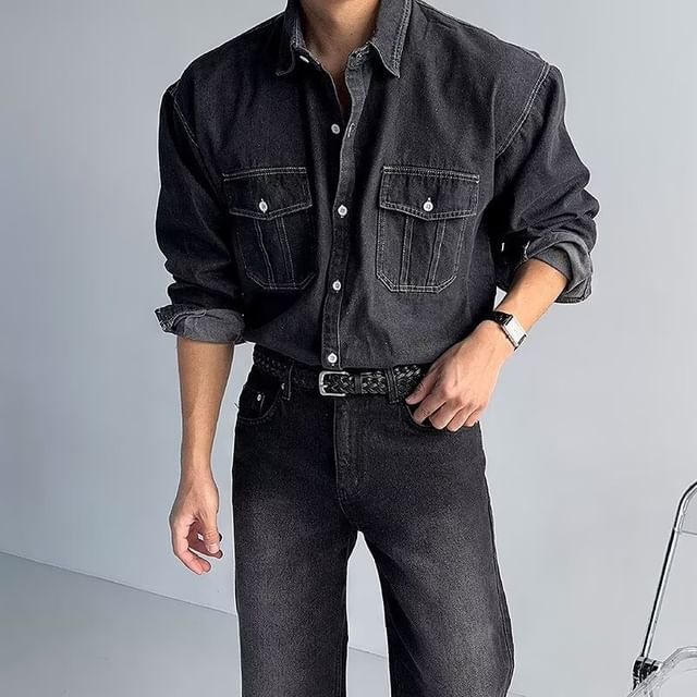 Nightbell-Long-Sleeve Collared Denim Button Shirt