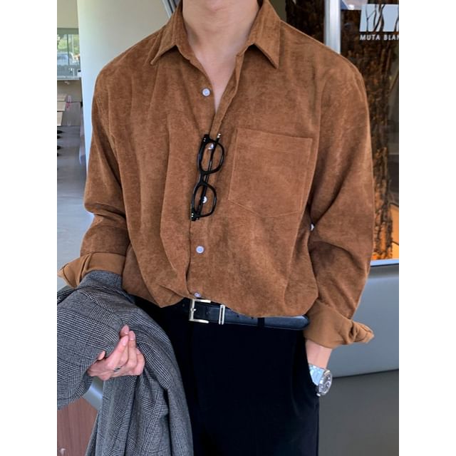 Nightbell-Long Sleeve Collared Plain Corduroy Shirt