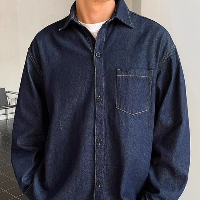 Nightbell-Long-Sleeve Collared Plain Denim Button Up Shirt