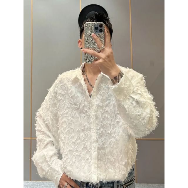 Nightbell-Long Sleeve Collared Plain Fringe Shirt