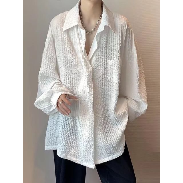 Nightbell-Long Sleeve Collared Plain Textured Shirt