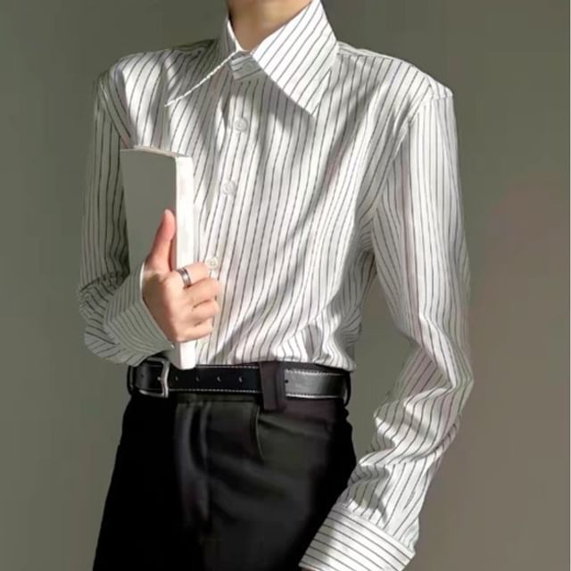 Nightbell-Long-Sleeve Collared Striped Button Up Shirt