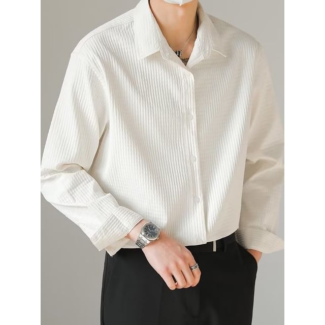Nightbell-Long-Sleeve Collared Textured Button Up Shirt