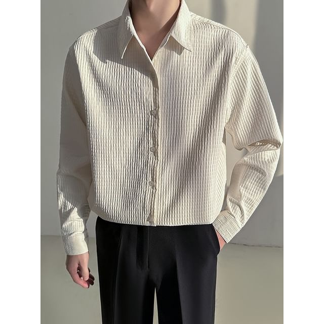 Nightbell-Long-Sleeve Collared Textured Button Up Shirt