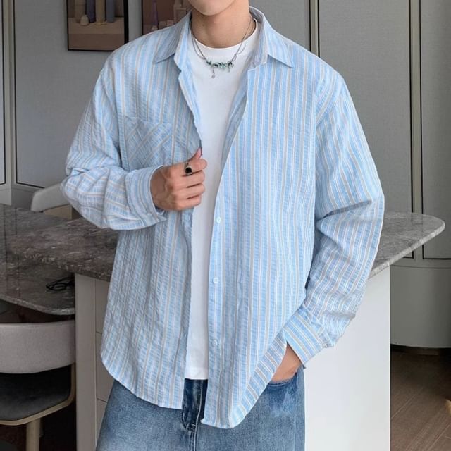 Nightbell-Long-Sleeve Striped Button-Up Shirt