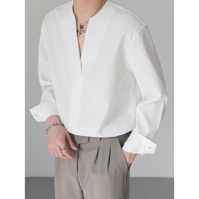Nightbell-Long-Sleeve V-Neck Plain Textured Shirt