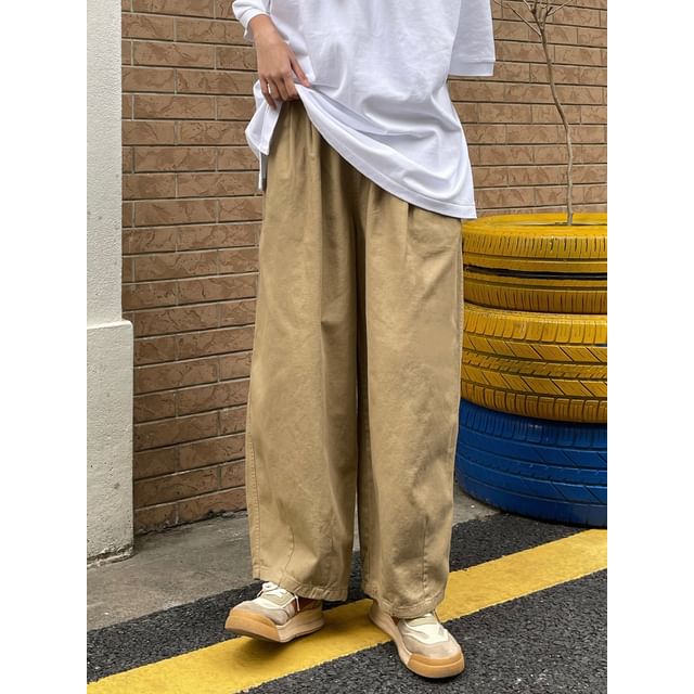 Nightbell-Mid Rise Plain Baggy Pants